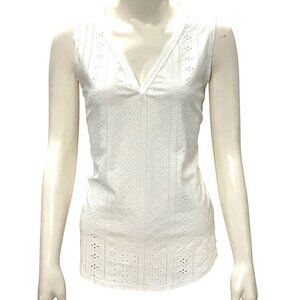 CCC Medium White Sleeveless V Neck Eyelet Pattern Polyester Rayon Spandex Blouse